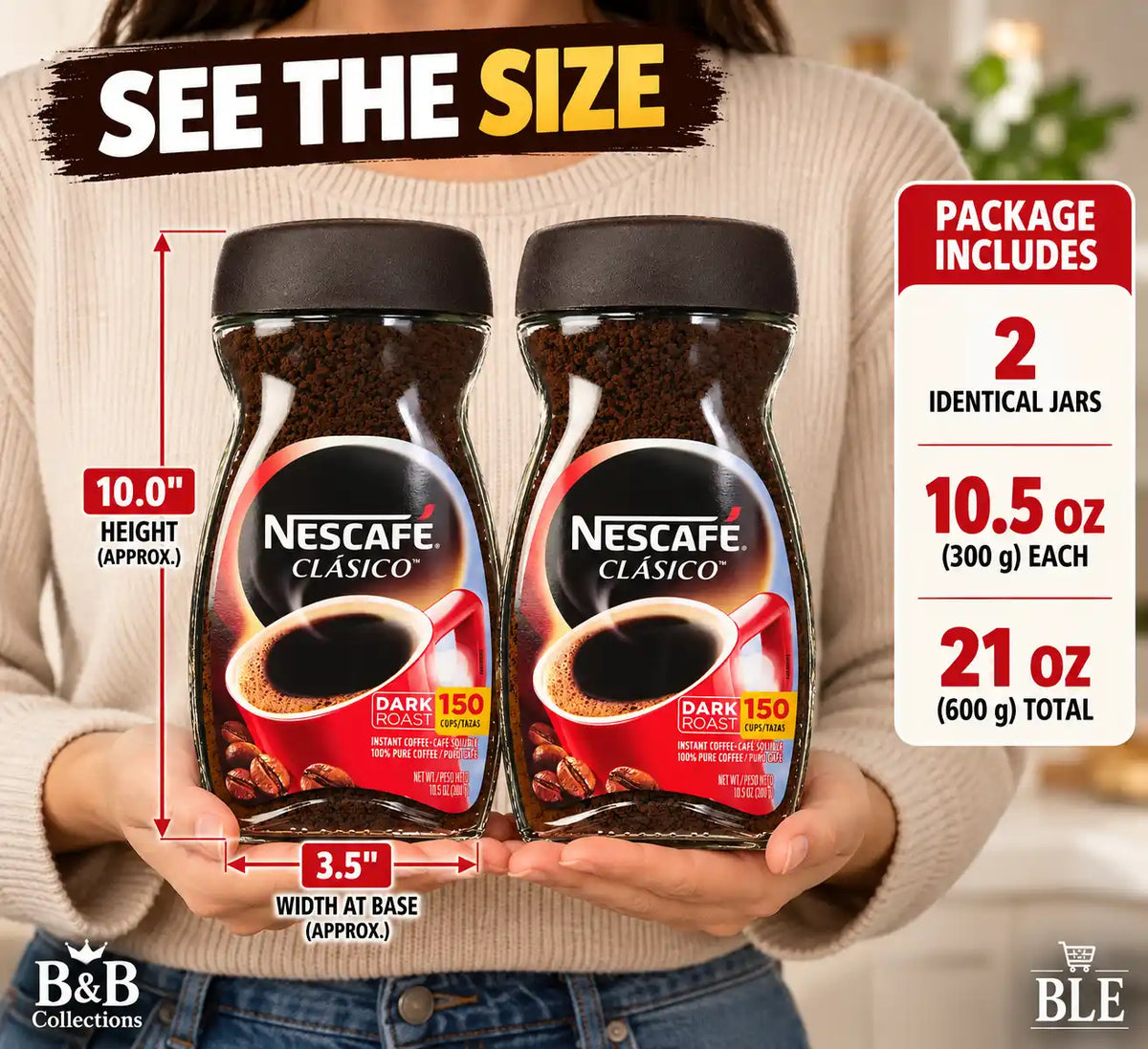 NESCAFÉ CLÁSICO Dark Roast Instant Coffee, 10.5 oz Jars, 2 Pack, 21 oz Total, Makes Up to 300 Cups