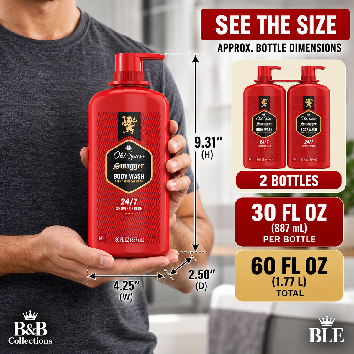 Old Spice Swagger Body Wash for Men, Cedarwood Scent, 24/7 Shower Fresh, 30 fl oz Each, 2 Pack (60 fl oz Total)