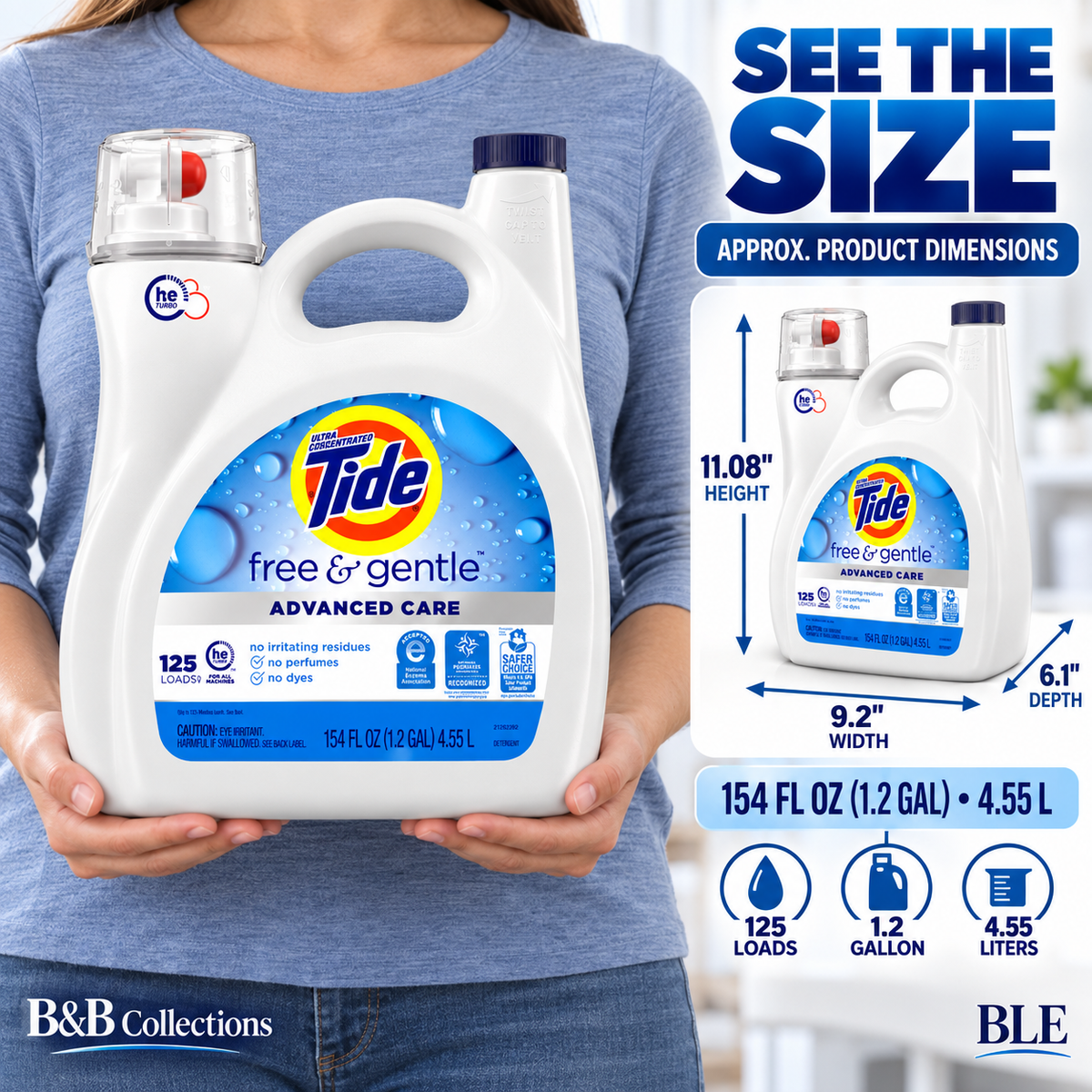 Tide Free & Gentle Advanced Care Liquid Laundry Detergent, HE Compatible, No Perfumes or Dyes, 125 Loads, 154 fl oz
