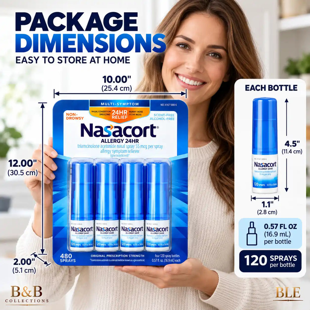 Nasacort Allergy 24HR Multi-Symptom Nasal Spray, 55 mcg, Non-Drowsy, Scent-Free & Alcohol-Free, 120 Sprays per Bottle, 480 Total Sprays, 4 Pack