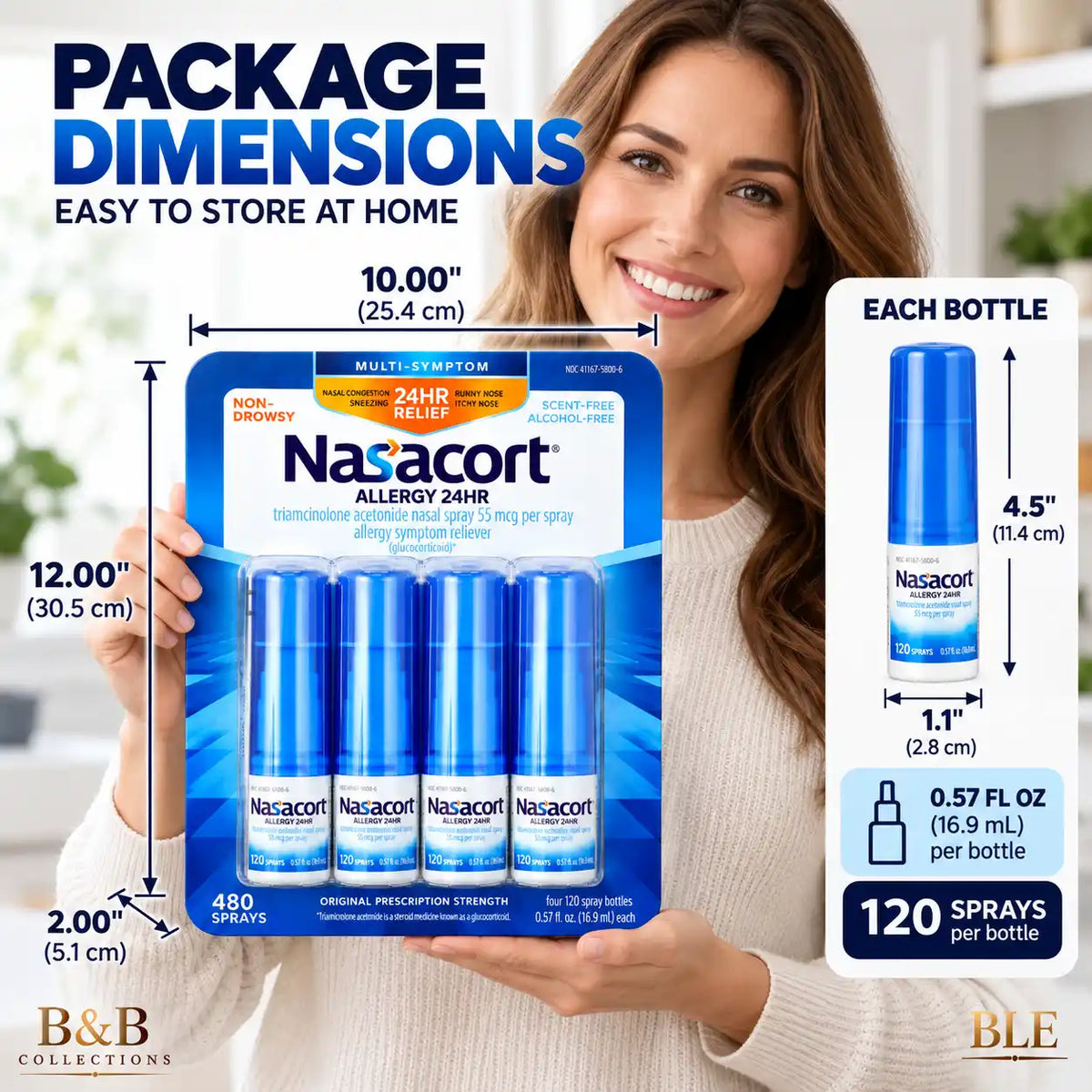Nasacort Allergy 24HR Multi-Symptom Nasal Spray, 55 mcg, Non-Drowsy, Scent-Free & Alcohol-Free, 120 Sprays per Bottle, 480 Total Sprays, 4 Pack