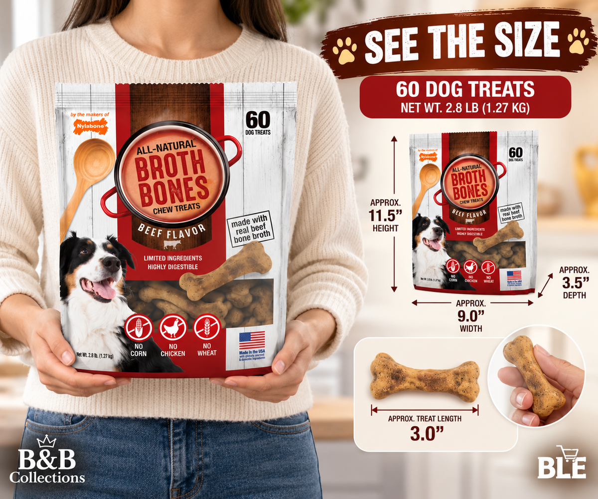 Nylabone Broth Bones All-Natural Edible Dog Chew Treats, Beef Flavor, Made with Real Beef Bone Broth, Highly Digestible, 60 Count