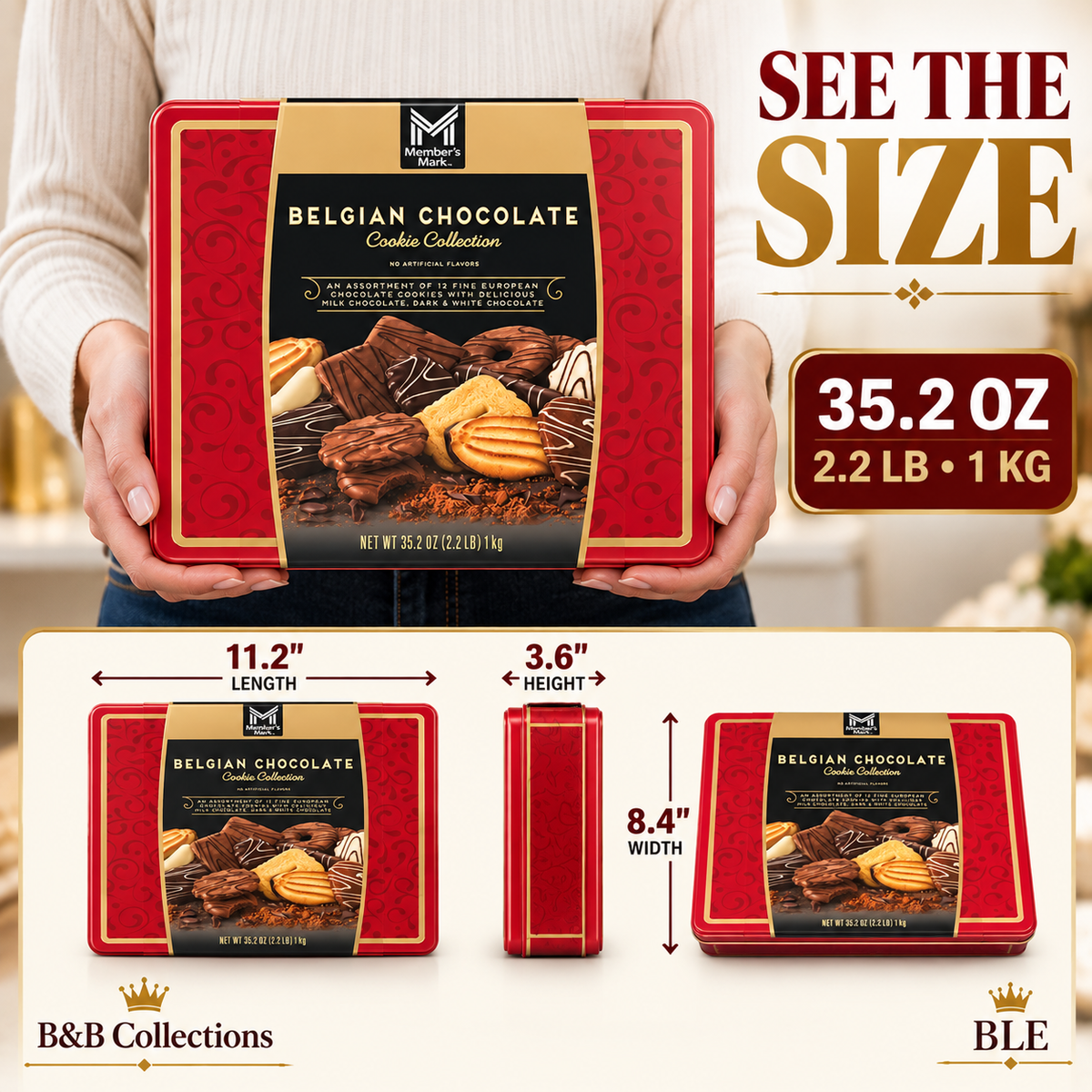 Member’s Mark Belgian Chocolate Cookie Collection, 12 European Cookie Varieties, Milk, Dark & White Chocolate, 35.2 oz Gift Tin