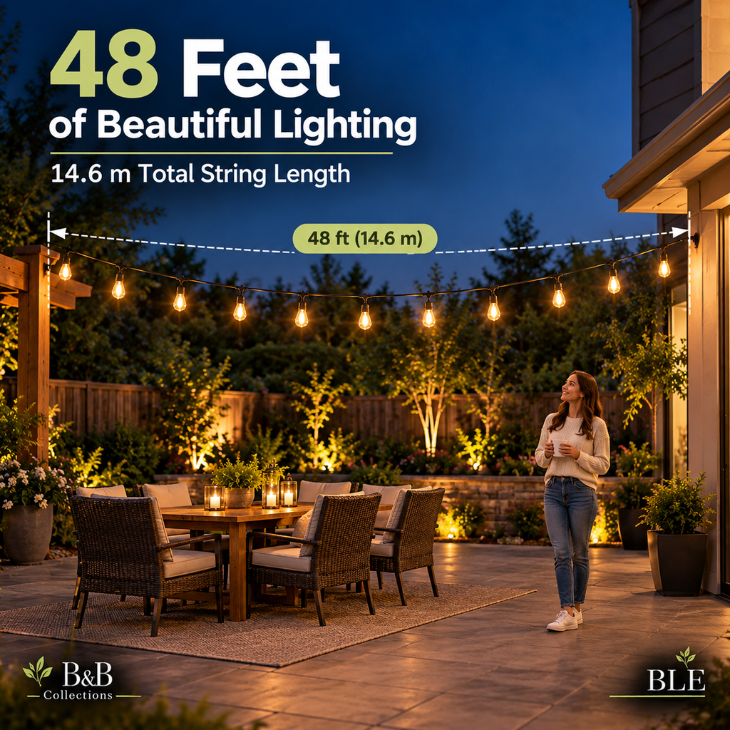 Feit Electric 48 ft LED String Lights – Commercial Grade Outdoor Patio Lights, Warm White Edison-Style Bulbs, 24W, Black Cord