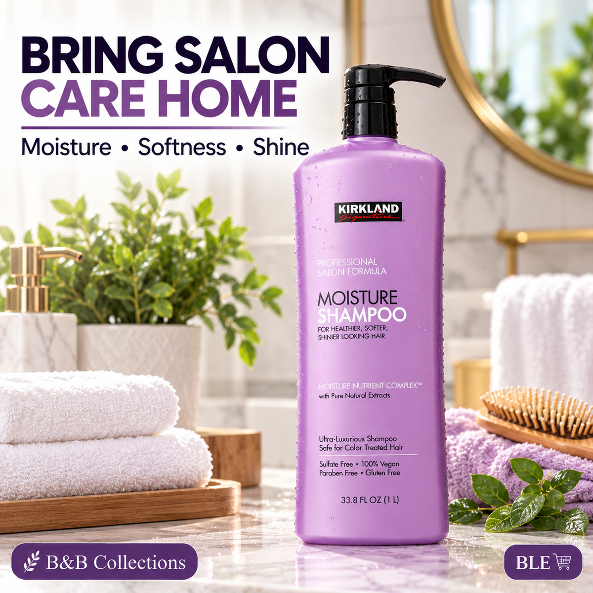 Kirkland Signature Moisture Shampoo, Professional Salon Formula, Sulfate-Free, Vegan, Paraben-Free, for Healthier, Softer, Shinier Hair, 33.8 fl oz (1 L)