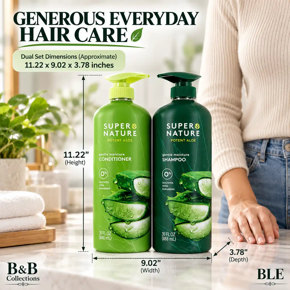 Super Nature Potent Aloe Gentle Moisture Shampoo and Conditioner Sulfates Free, 30 Fl Oz