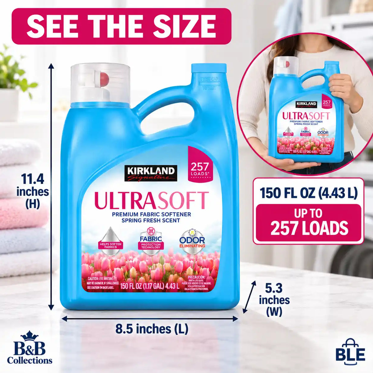 Kirkland Signature UltraSoft Premium Fabric Softener, Spring Fresh Scent, Odor Eliminating, Fabric Protection, 150 fl oz (4.43 L), 257 Loads