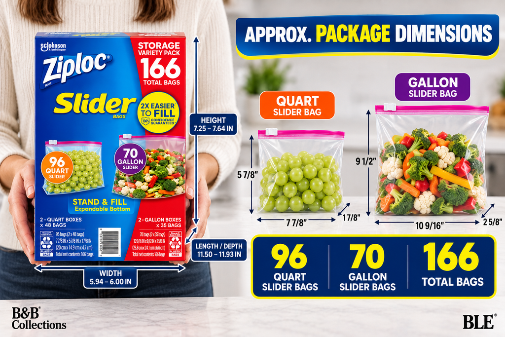 Ziploc Slider Storage Bags Variety Pack, Quart & Gallon, Expandable Bottom, 166 Count