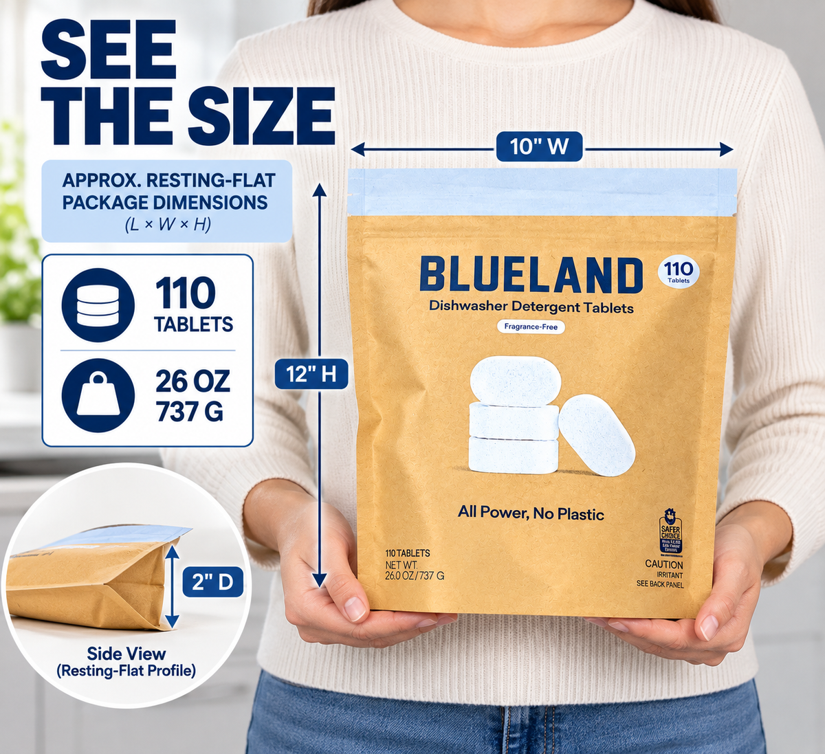 Blueland Dishwasher Detergent Tablets, Fragrance-Free, Plastic-Free, 110 Count, 26 oz