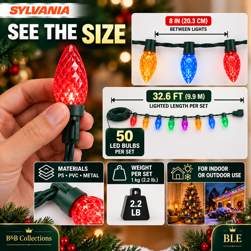 Sylvania Stay-Lit C9 Faceted LED Christmas Lights, Multicolor, 100 Bulbs, 2 Sets of 50, Indoor/Outdoor Holiday String Lights