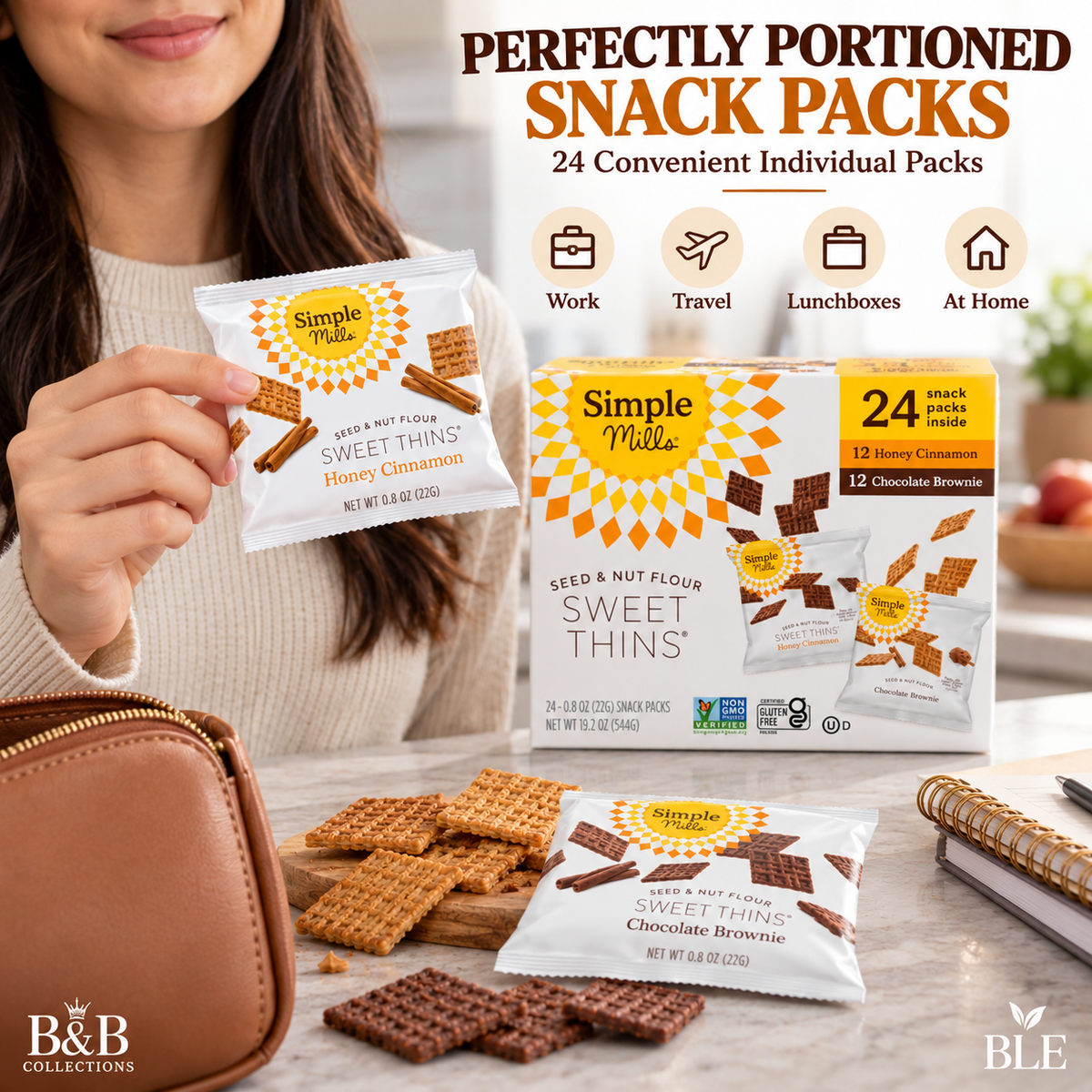 Simple Mills Seed & Nut Flour Sweet Thins Variety Pack, Honey Cinnamon & Chocolate Brownie, Gluten-Free Sweet Snack Crackers, 24 Individual Packs, 19.2 oz