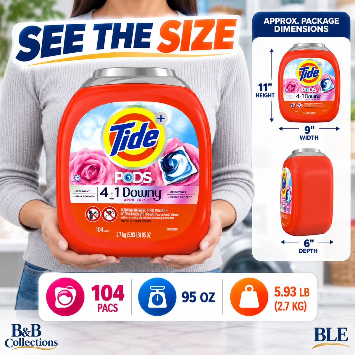 Tide PODS + Downy 4-in-1 Laundry Detergent Pacs, April Fresh, Stain Remover, Brightener & Fabric Protect, 104 Count, 95 oz