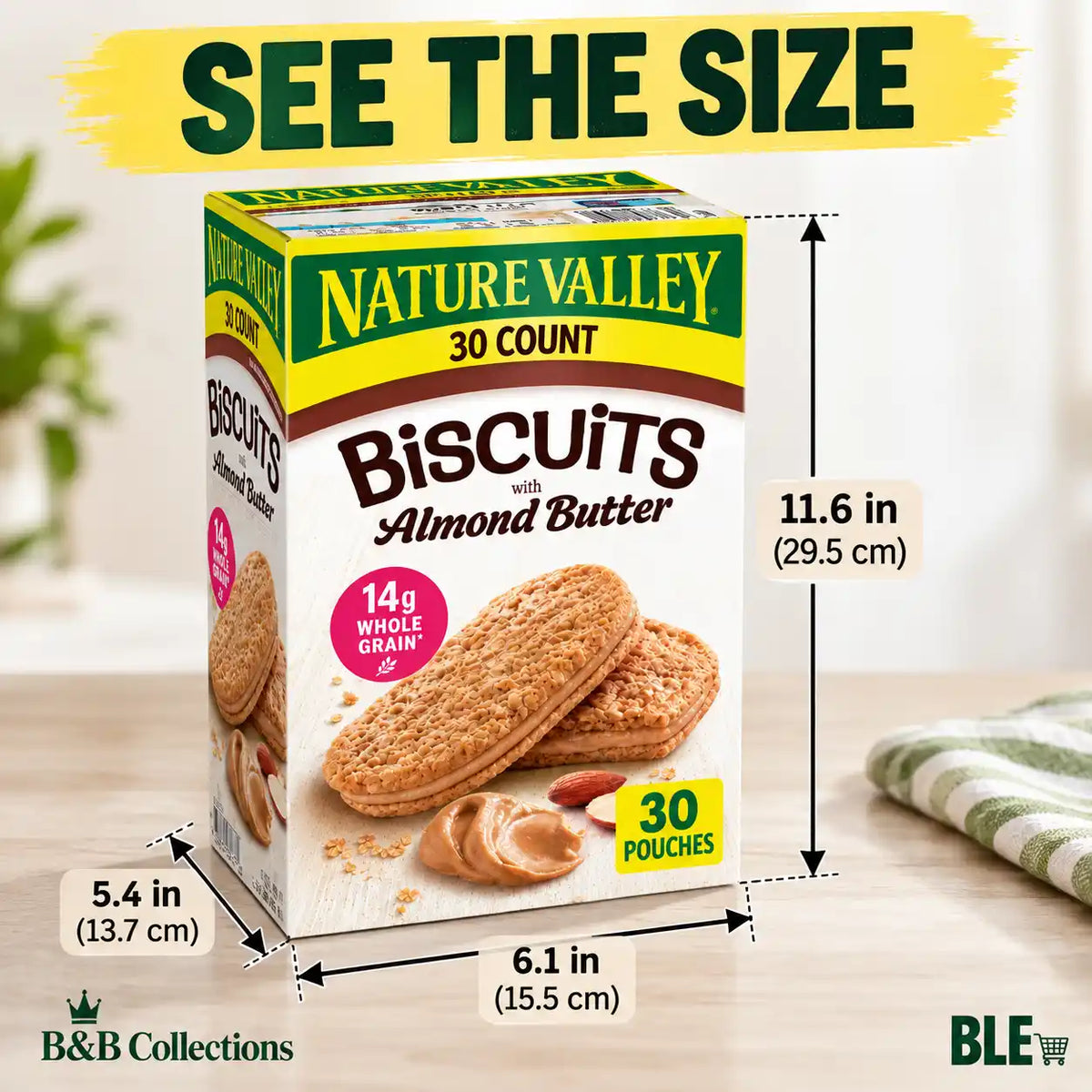 Nature Valley Biscuits with Almond Butter, Whole Grain Sandwich Biscuits, 14g Whole Grain, Individually Wrapped Snack Pouches, 30 Count