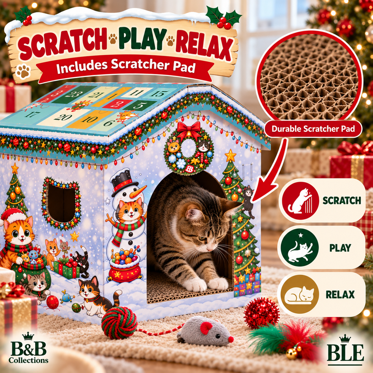 Catmas Countdown Cabin 25-Day Cat Advent Calendar, Christmas Cat House with 13 Toys, 12 Treats & Scratcher Pad, Holiday Countdown Gift for Cats