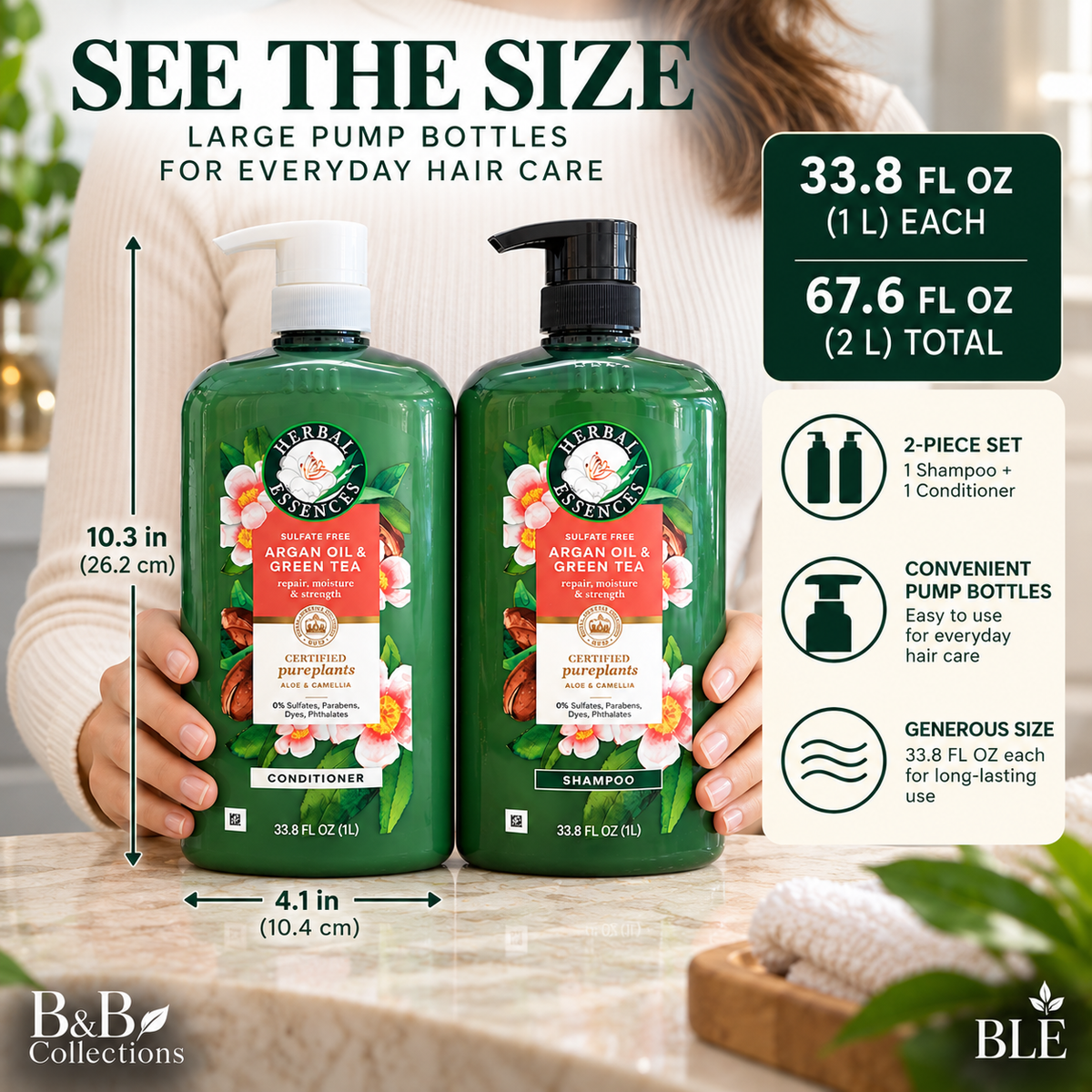 Herbal Essences Argan Oil & Green Tea Sulfate-Free Shampoo & Conditioner Set, 33.8 fl oz Each, Repair, Moisture & Strength, with Aloe & Camellia (2-Pack)