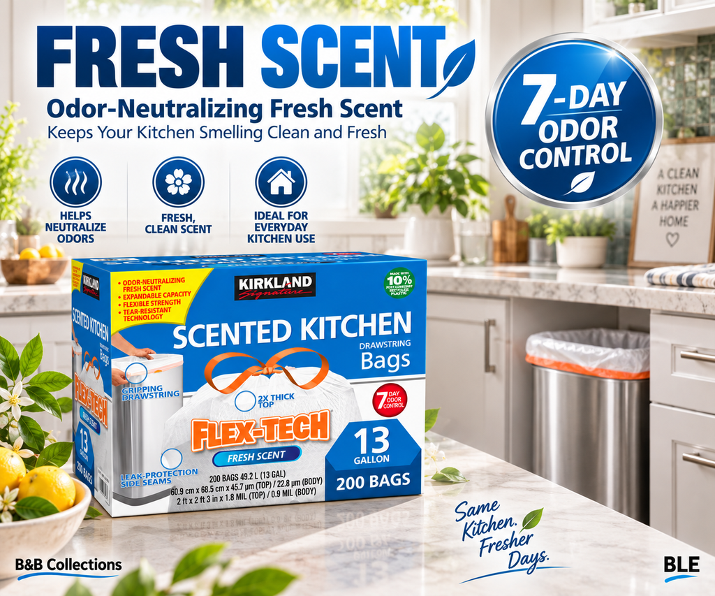 Kirkland Signature Flex-Tech Scented Kitchen Trash Bags, 13 Gallon, Fresh Scent, Drawstring, 200 Count