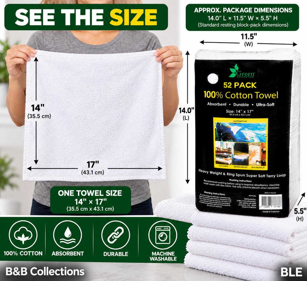 Green Lifestyle 100% Cotton Terry Towels, 52 Pack, 14" x 17", Absorbent Heavyweight Reusable Cleaning Towels, White