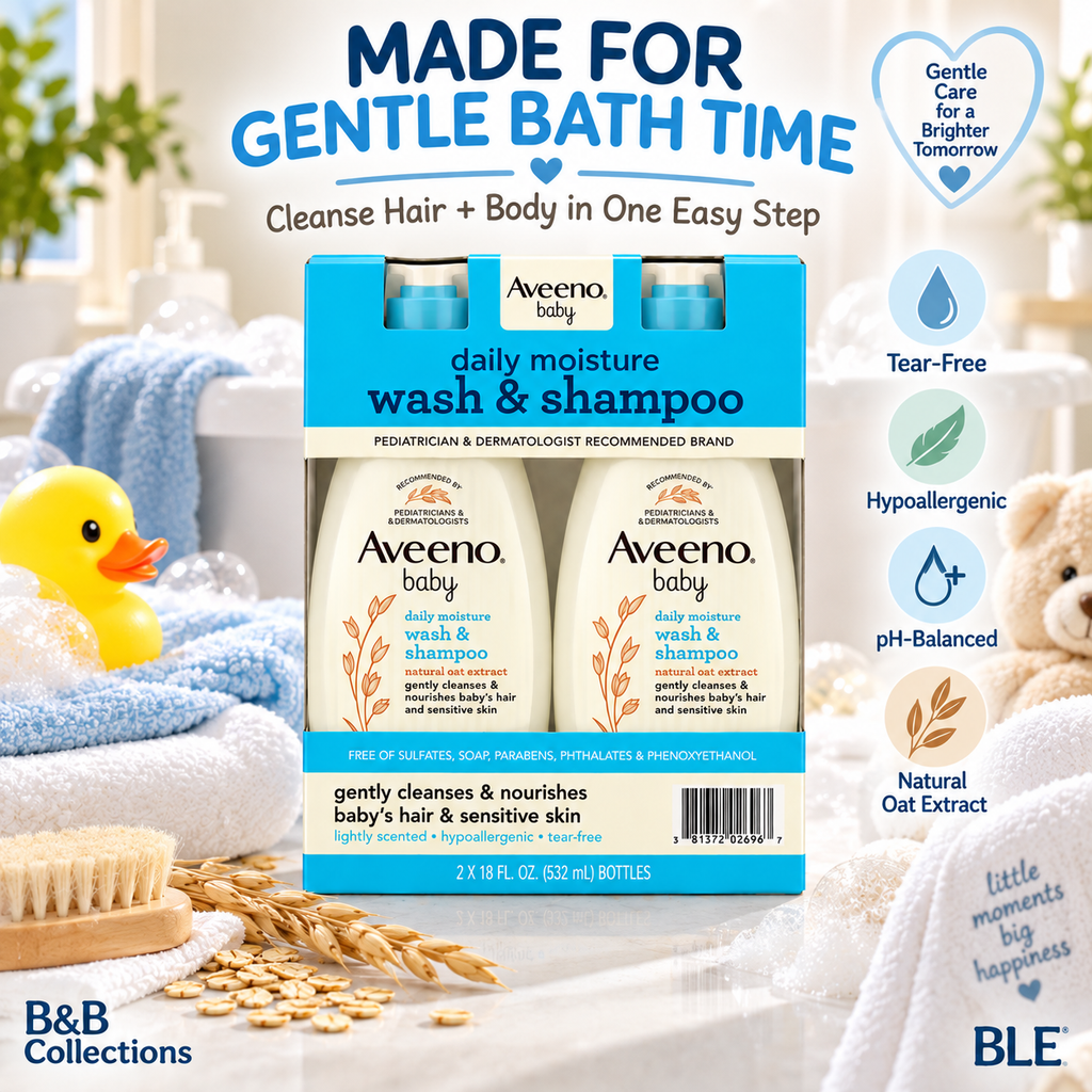 Aveeno Baby Daily Moisture Wash & Shampoo with Natural Oat Extract, Tear-Free & Hypoallergenic, 18 fl. oz. Each, 2-Pack
