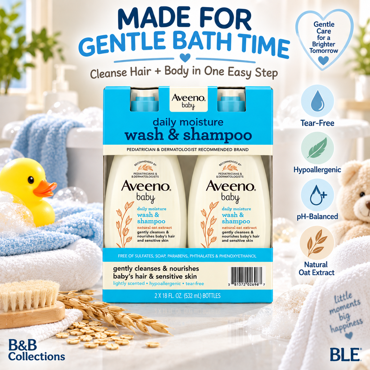 Aveeno Baby Daily Moisture Wash & Shampoo with Natural Oat Extract, Tear-Free & Hypoallergenic, 18 fl. oz. Each, 2-Pack