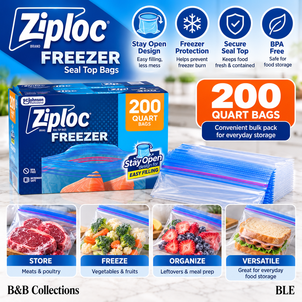 Ziploc Seal Top Quart Freezer Bags, 200 Count, Stay Open Design, Easy Filling, Food Storage & Freezer Protection