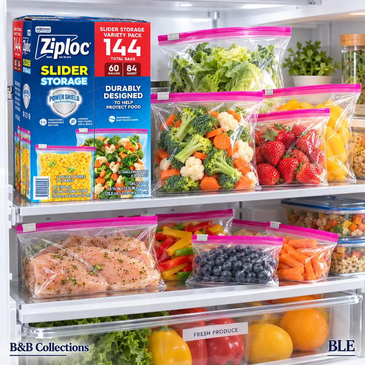 Ziploc Slider Storage Bags Variety Pack, Power Shield Technology, Gallon & Quart Sizes, 144 Total Bags (60 Gallon + 84 Quart)