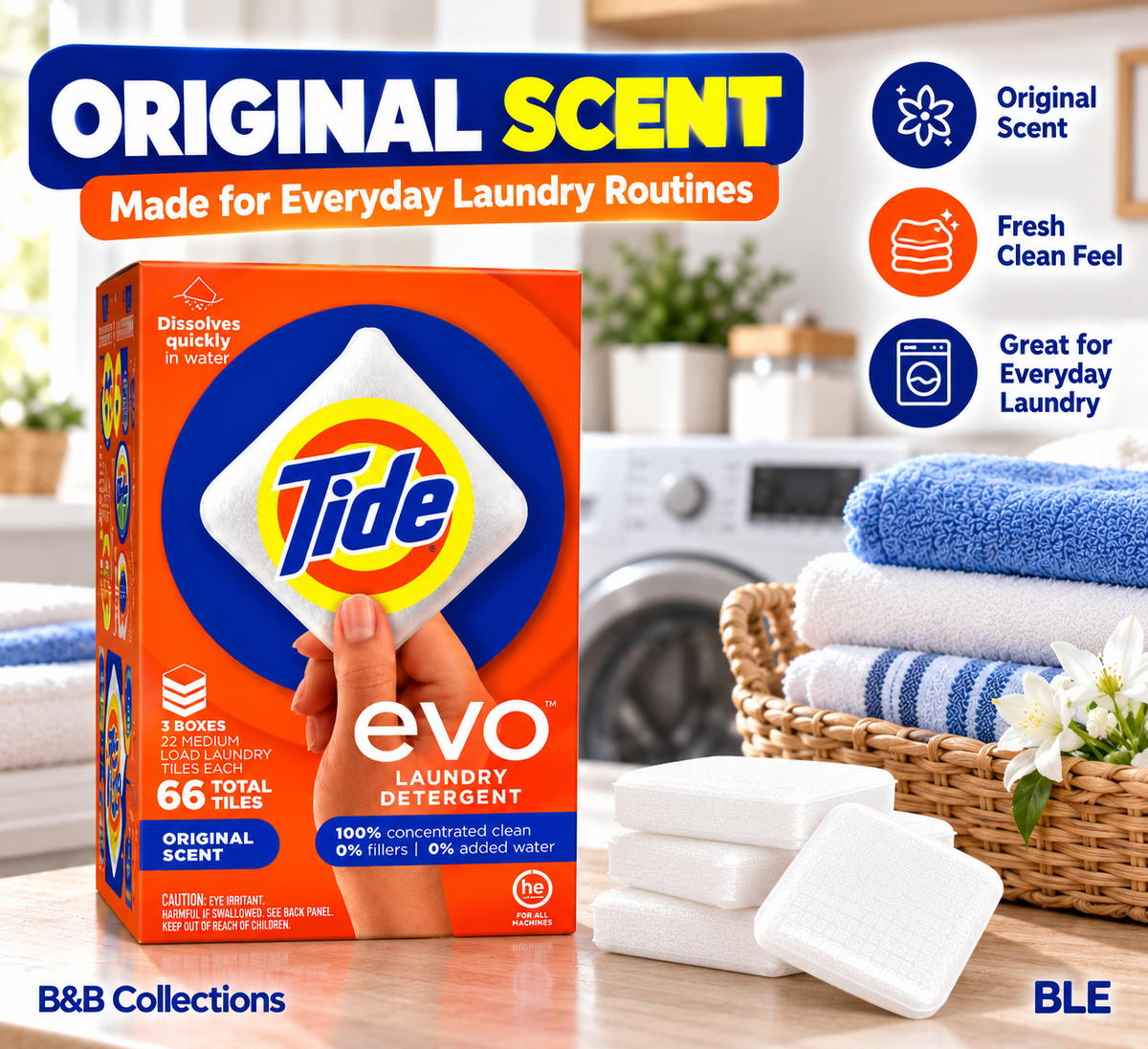 Tide evo Laundry Detergent Tiles, Original Scent, 66 Total Tiles, 3 Boxes, Concentrated Pre-Measured Laundry Detergent