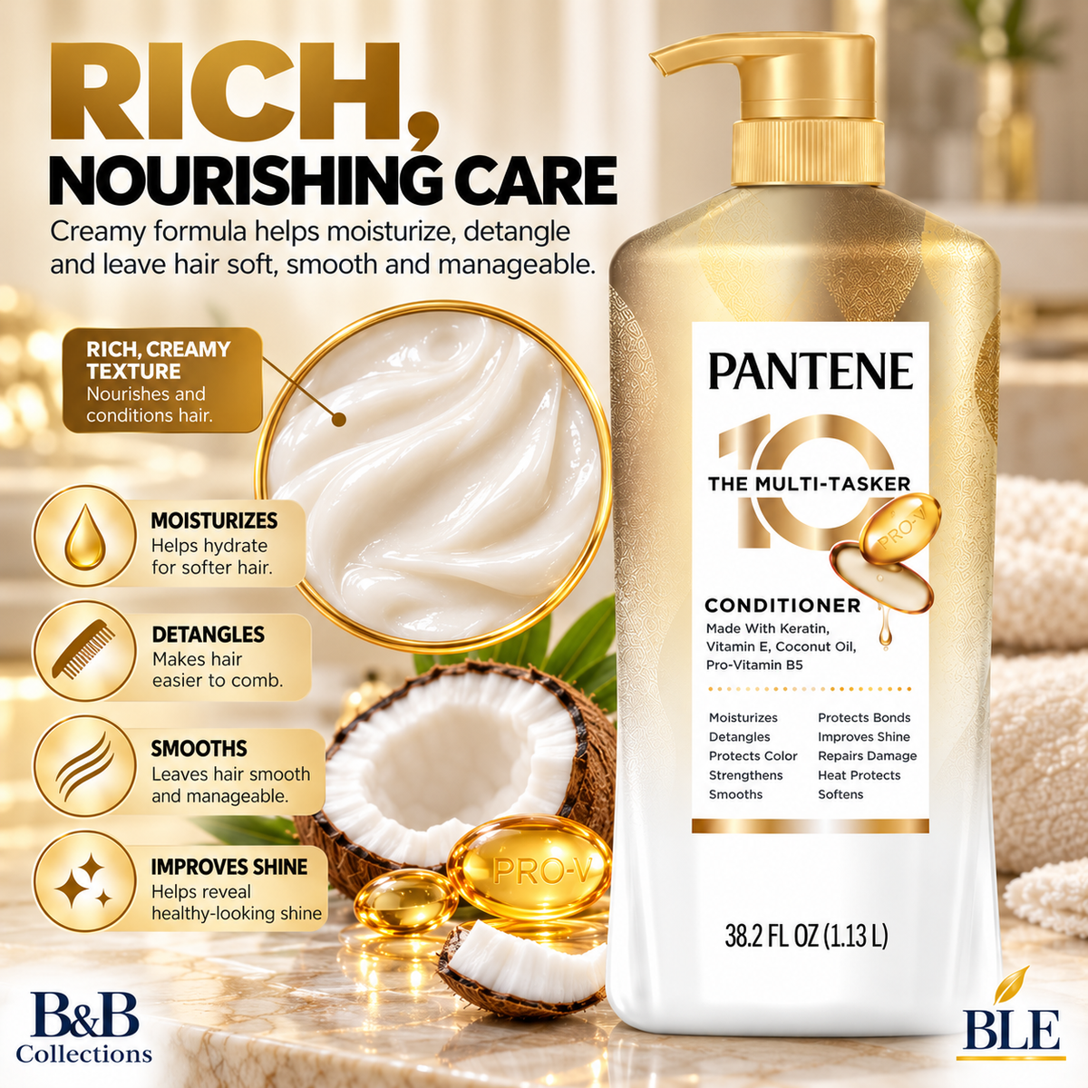 Pantene Pro-V 10 in 1 Multi-Tasker Conditioner, Keratin, Vitamin E & Coconut Oil, Moisturizing & Strengthening Hair Care, 38.2 fl oz