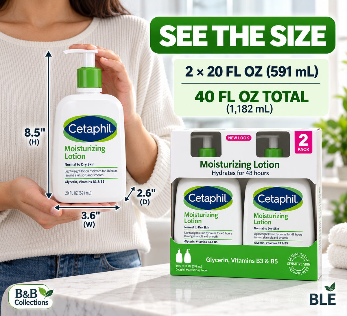 Cetaphil Moisturizing Lotion for Normal to Dry Sensitive Skin, 48-Hour Hydration, Glycerin, Vitamins B3 & B5, 20 fl oz Each, 2-Pack