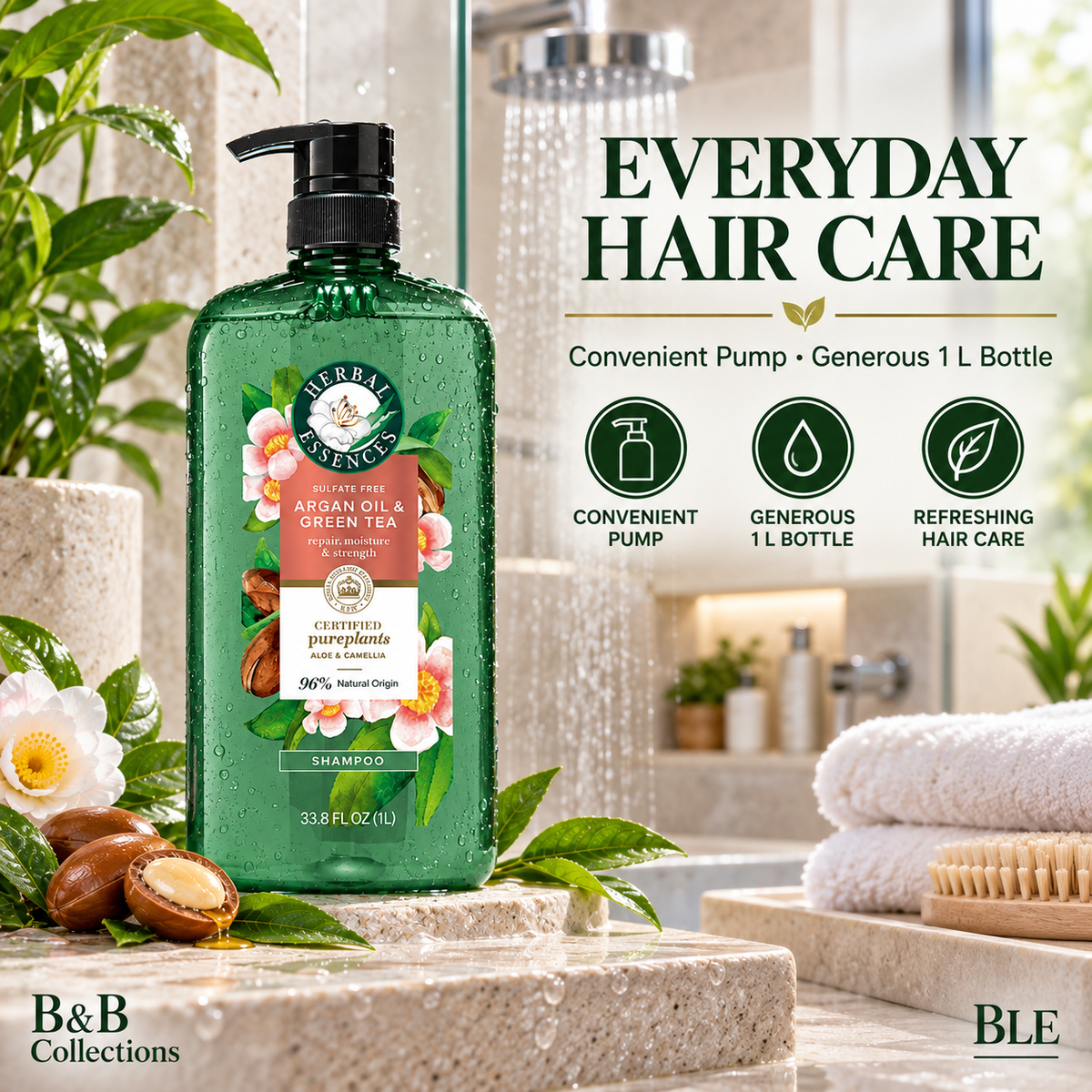 Herbal Essences Argan Oil & Green Tea Sulfate-Free Shampoo, Repair, Moisturize & Strengthen, 96% Natural Origin, 33.8 fl oz (1 L)