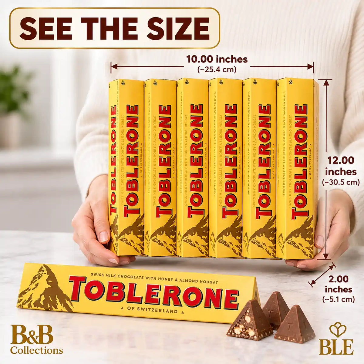 Toblerone Swiss Milk Chocolate with Honey & Almond Nougat, Triangle Chocolate Bars, 6-Pack