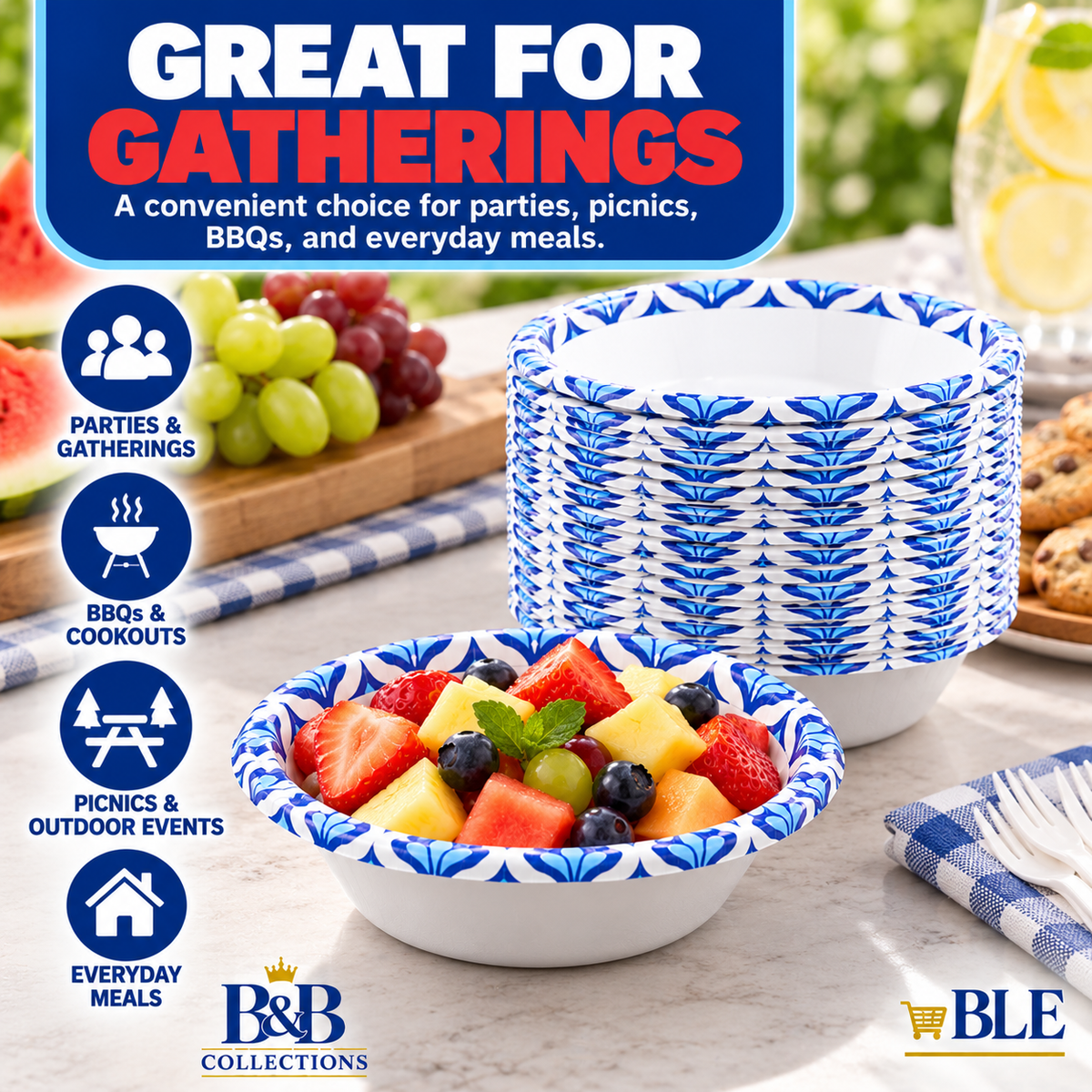 Dixie Ultra 20 oz Disposable Paper Bowls, Heavy-Duty, Soak-Proof, Microwave-Safe, Cut-Resistant, Blue & White Design, 135 Count