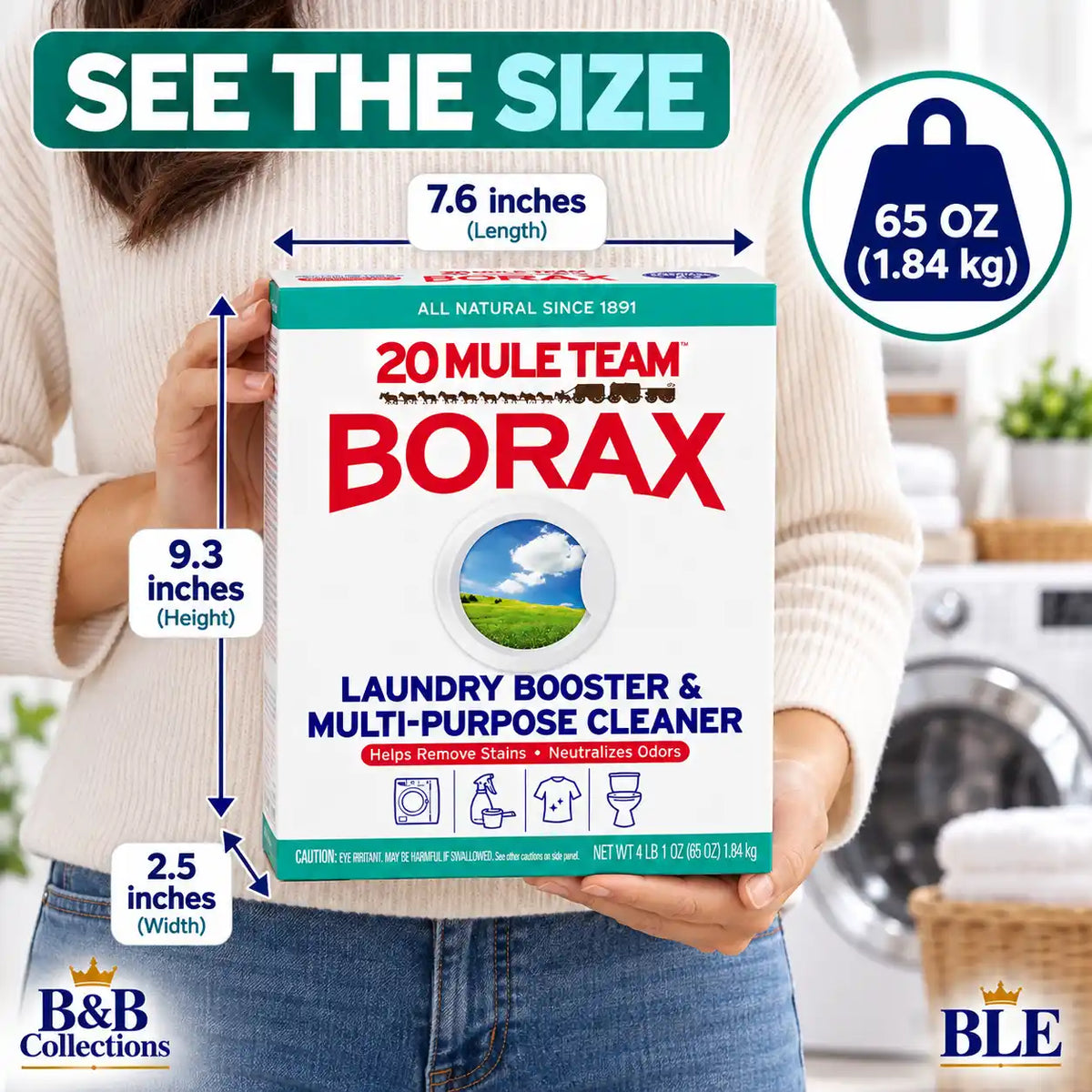 20 Mule Team Borax Laundry Booster & Multi-Purpose Household Cleaner, Helps Remove Stains & Neutralize Odors, All Natural, 4 lb (65 oz / 1.84 kg)