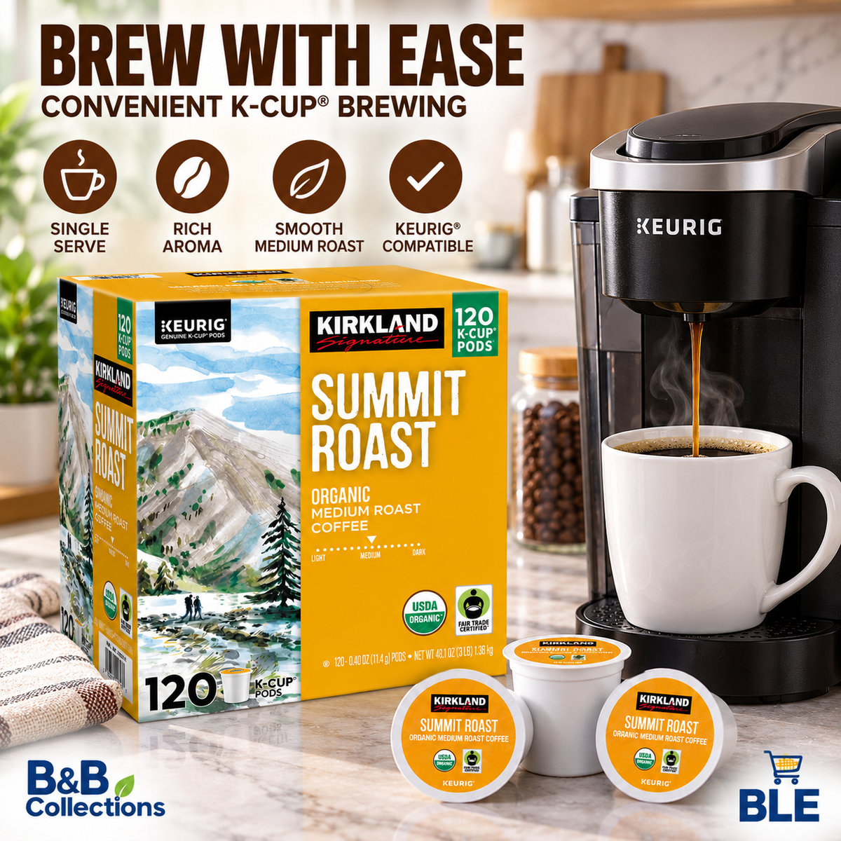 Kirkland Signature Summit Roast Organic Medium Roast Coffee, Keurig K-Cup Pods, USDA Organic, Fair Trade Certified, 120 Count
