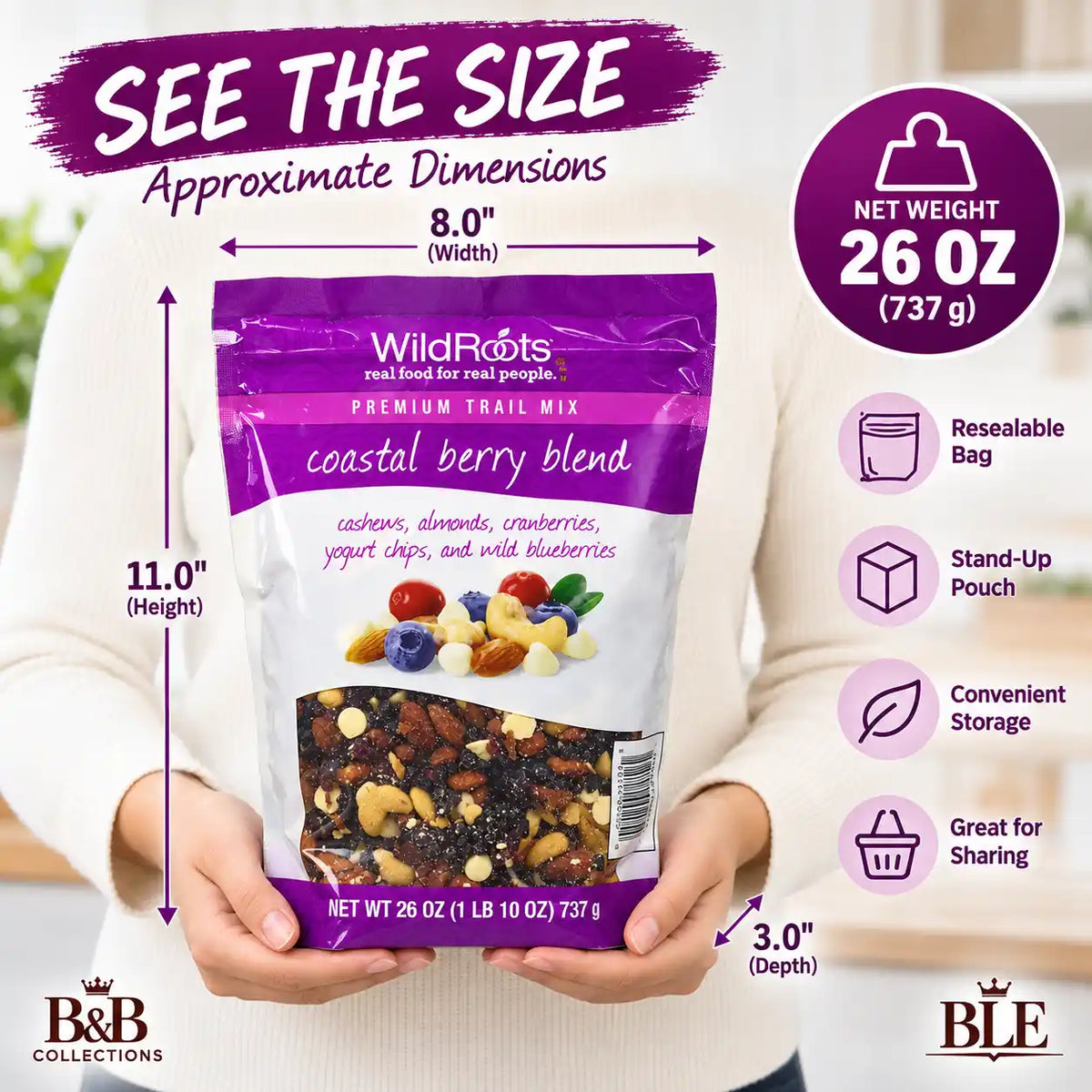 WildRoots Premium Trail Mix Coastal Berry Blend, Cashews, Almonds, Cranberries, Yogurt Chips & Wild Blueberries, 26 oz (737 g), Resealable Bag