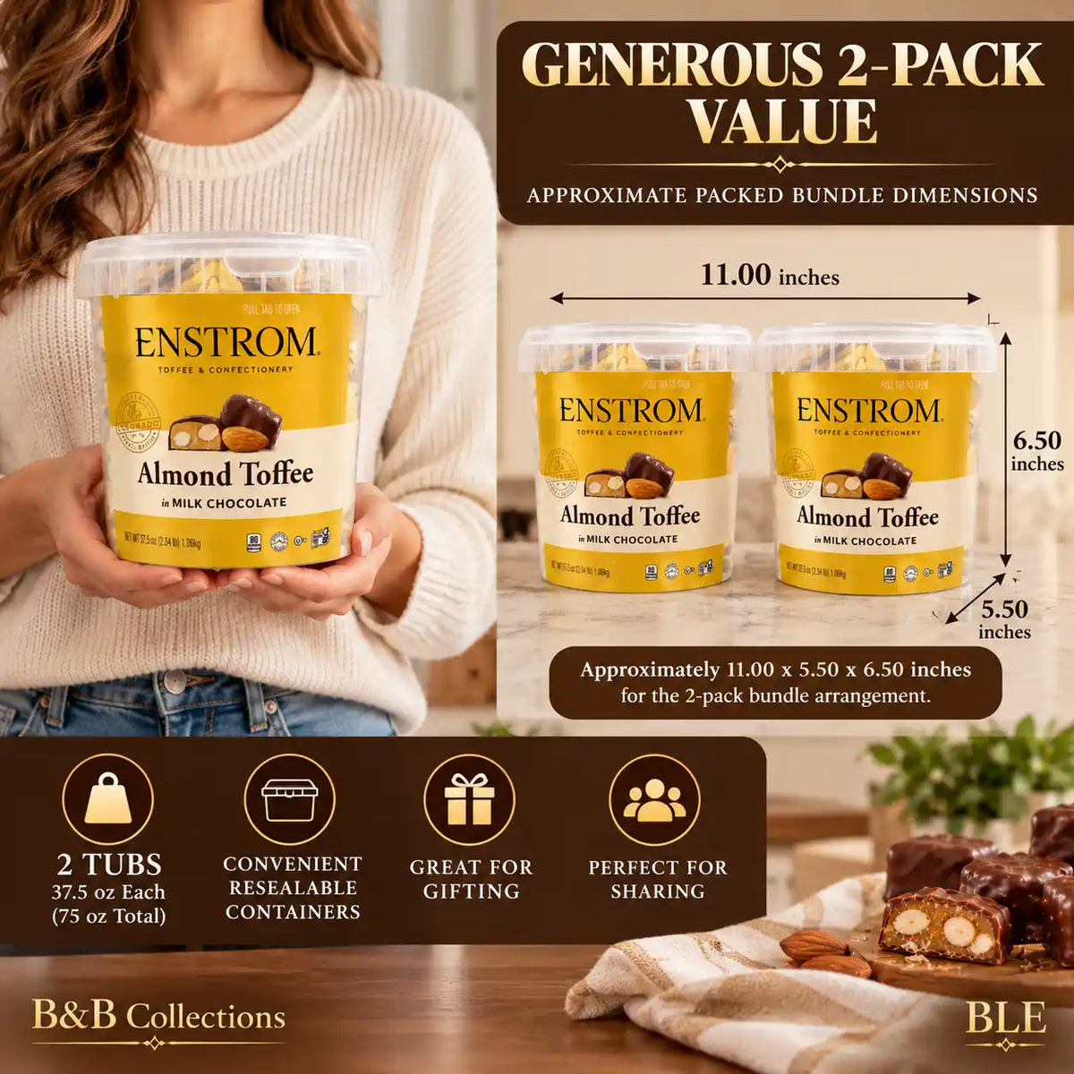 Enstrom Almond Toffee in Milk Chocolate, 37.5 oz Each, Premium Chocolate-Covered Almond Toffee, Crunchy Butter Toffee with Roasted Almonds, Gourmet Candy Gift Tubs, 2-Pack (75 oz Total)