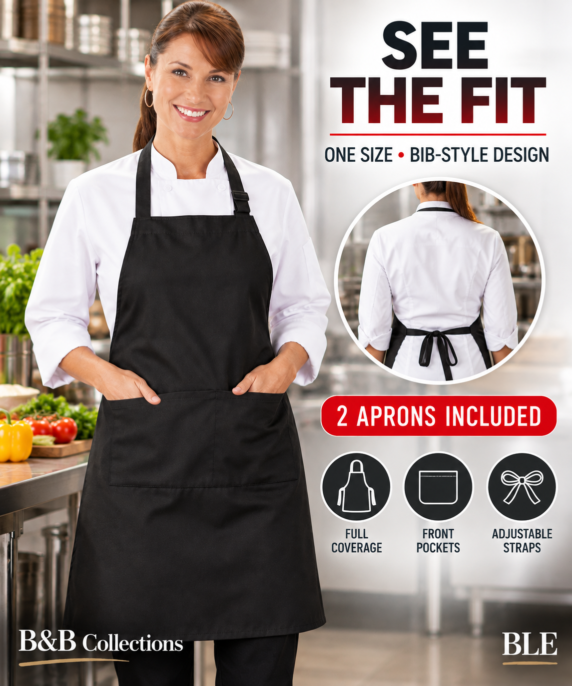Nouvelle Legende Commercial Grade Kitchen Bib Aprons, Black, One Size, 2 Pack