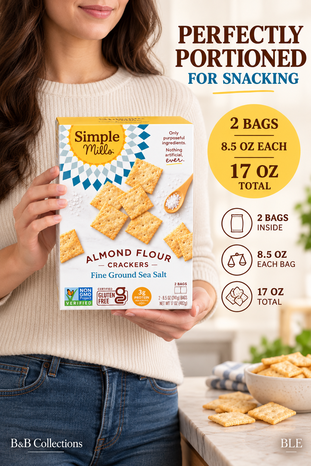 Simple Mills Almond Flour Crackers, Fine Ground Sea Salt, Gluten-Free, Grain-Free, Non-GMO, Vegan, Paleo-Friendly, 3g Protein, 2 Bags (8.5 oz Each)