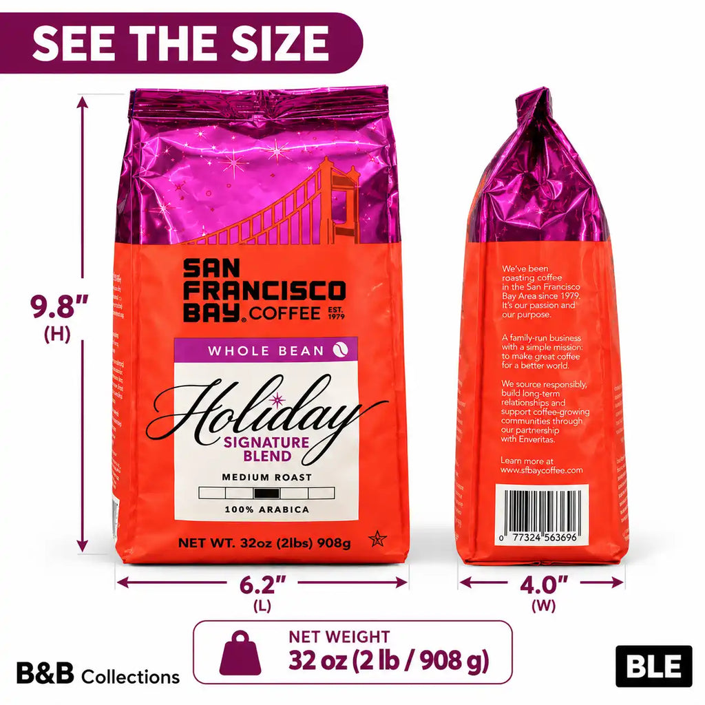 San Francisco Bay Coffee Holiday Signature Blend, Medium Roast, 100% Arabica Whole Bean Coffee, Sweet & Smooth with Notes of Milk Chocolate & Baking Spices, 32 oz (2 lb)