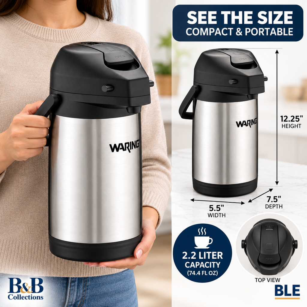 Waring Commercial WCA22 Stainless Steel Airpot, 2.2 Liter Insulated Beverage Dispenser with Pump Top, Silver & Black
