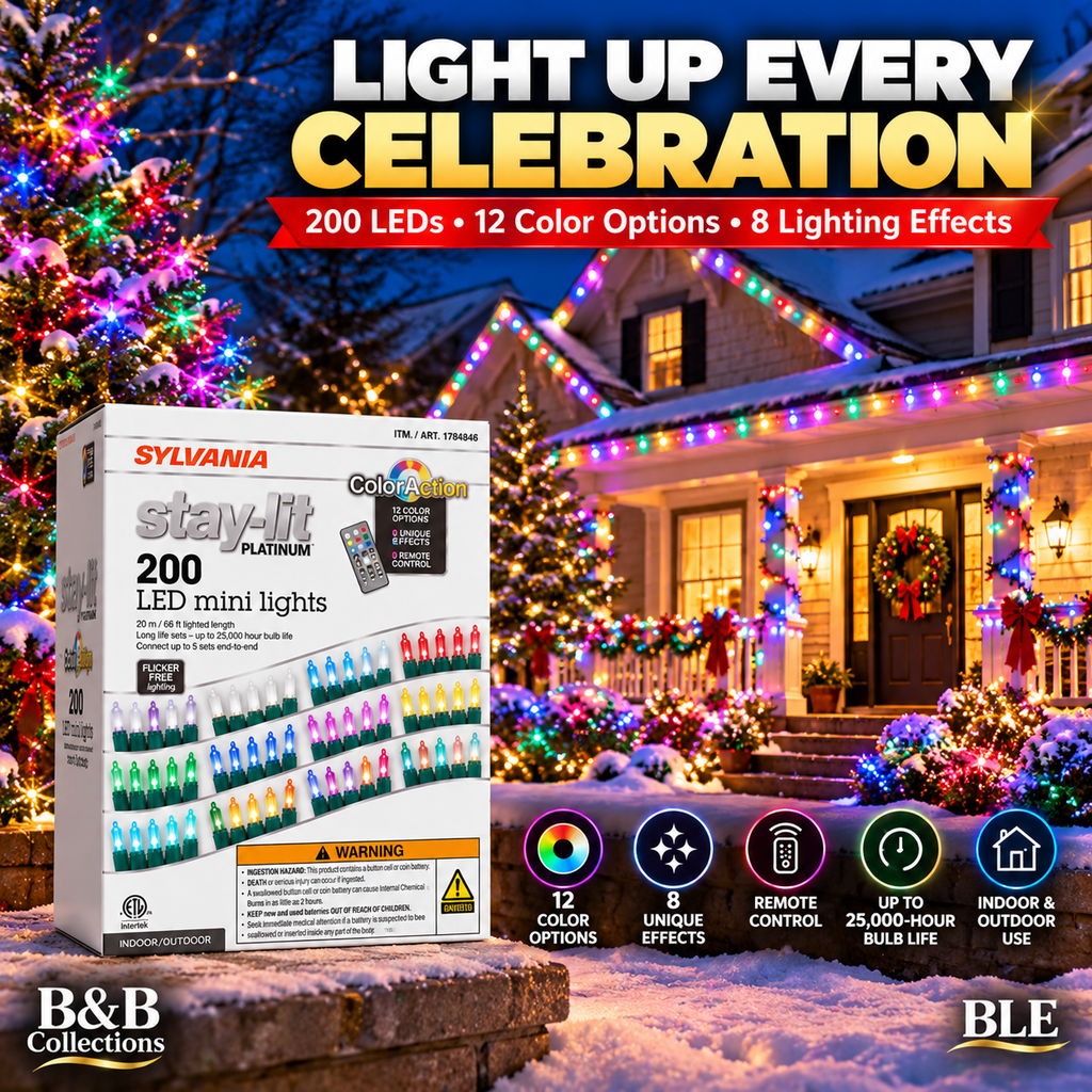 SYLVANIA Stay-Lit Platinum ColorAction 200 LED Mini String Lights, 12 Color Options, 8 Lighting Effects, Remote Control, Indoor/Outdoor, 66 ft