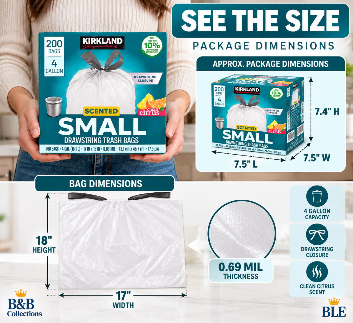 Kirkland Signature Scented Small Drawstring Trash Bags, 4 Gallon, Clean Citrus, 200 Count