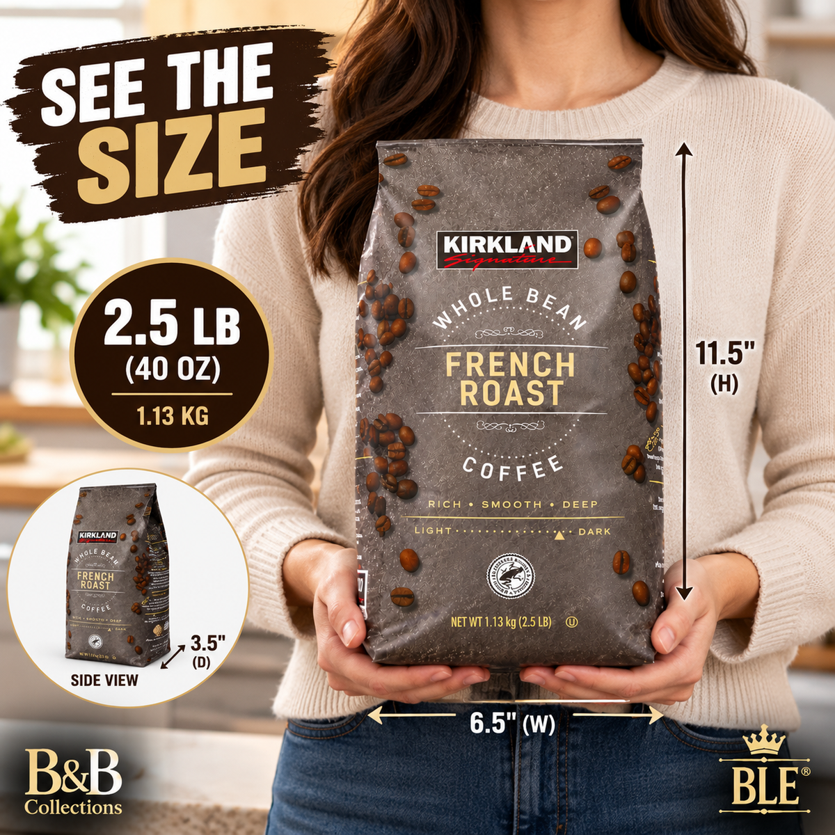 Kirkland Signature French Roast Whole Bean Coffee, Dark Roast, Rich & Smooth, 2.5 lb (40 oz)