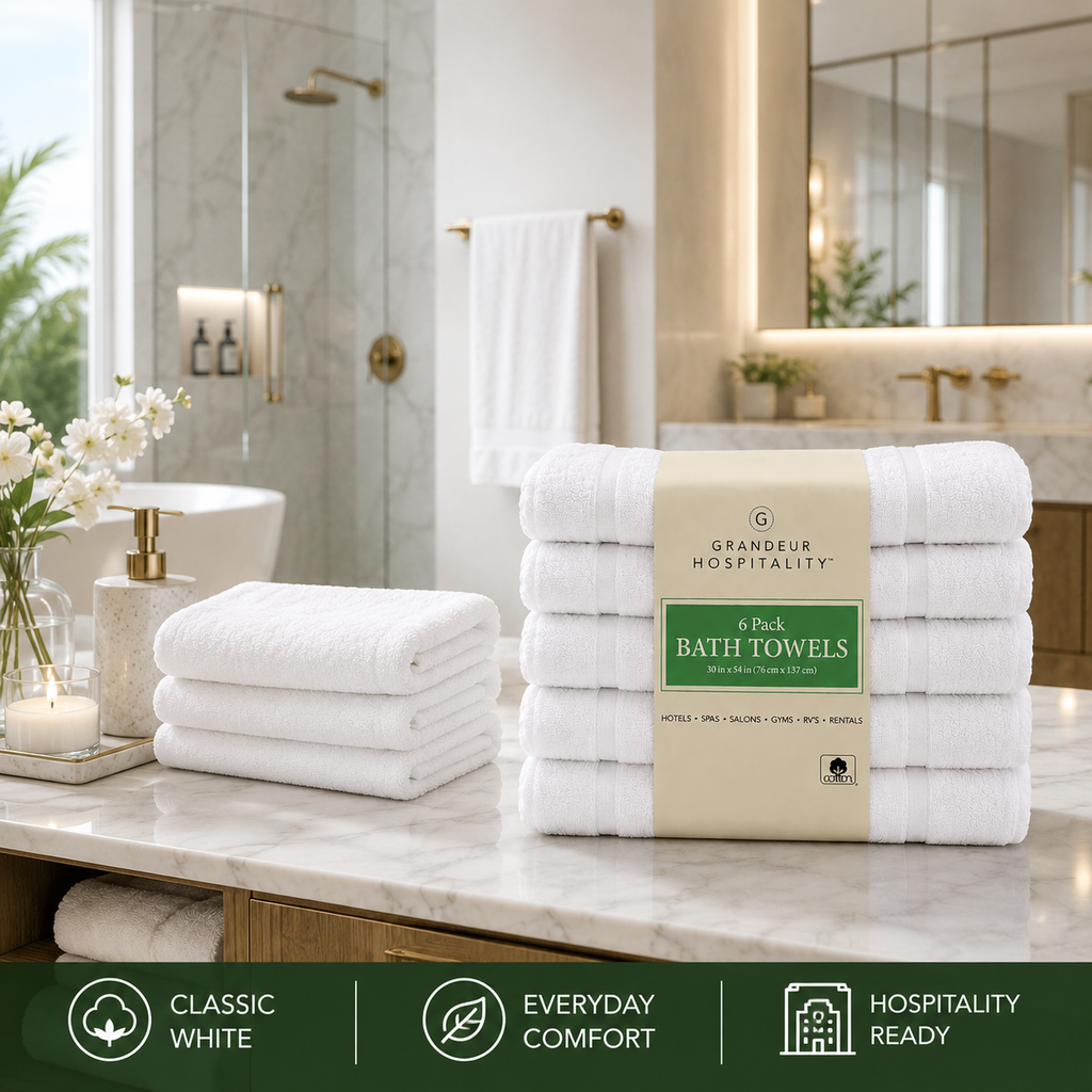Grandeur Hospitality White Cotton Towels, Bath Towels, Hand Towels & Washcloths, Commercial Hospitality Collection