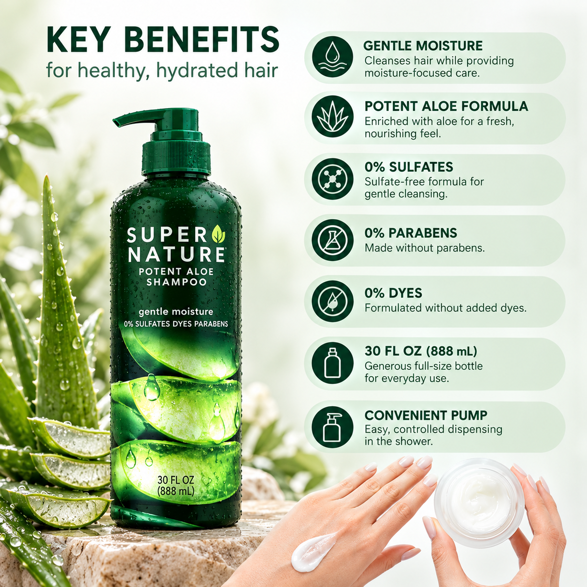 Super Nature Potent Aloe Gentle Moisture Shampoo – Sulfate & Paraben Free, Hydrating Hair Care, 30 fl oz (888 mL)