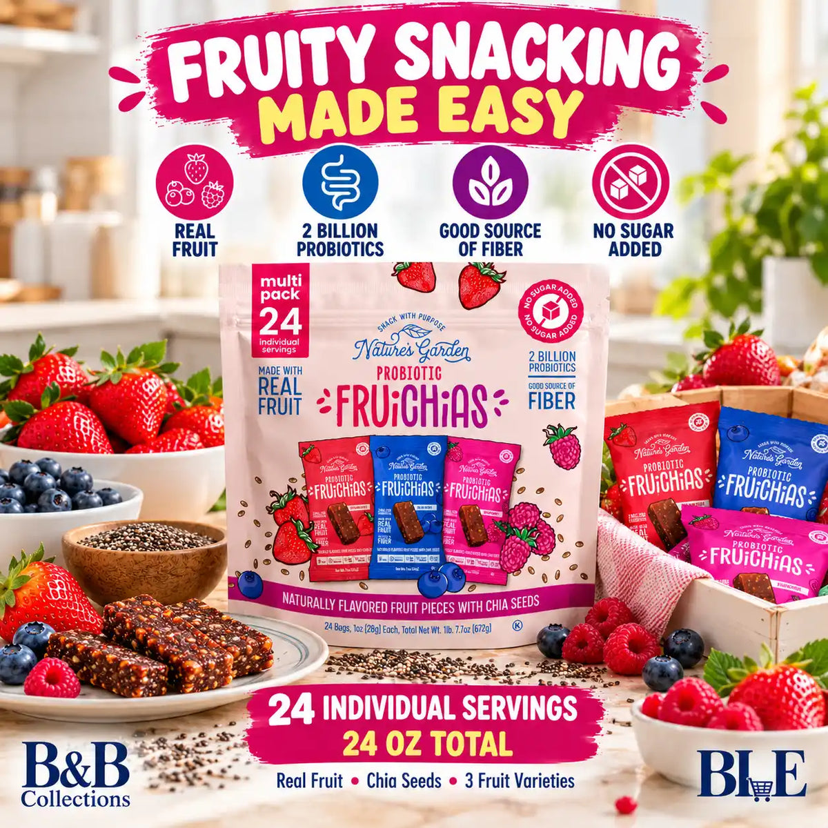 Nature’s Garden Probiotic FruiChias Fruit & Chia Snacks, Strawberry, Blueberry & Raspberry, No Sugar Added, 1 oz Bags, 24 Count, 24 oz Total