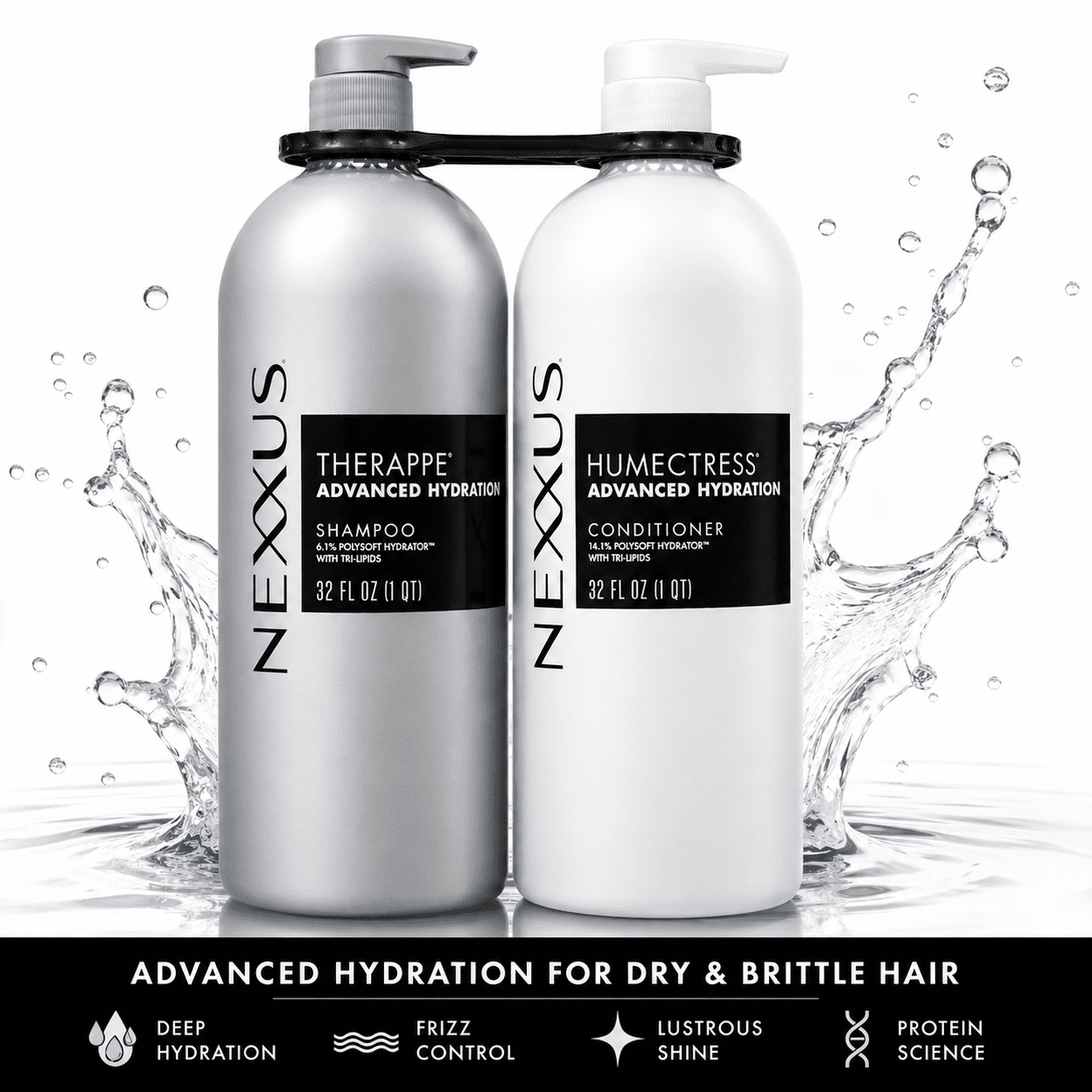 Nexxus Therappe & Humectress Advanced Hydration Shampoo and Conditioner Set, 32 fl oz Each, Deep Moisture System for Dry & Brittle Hair