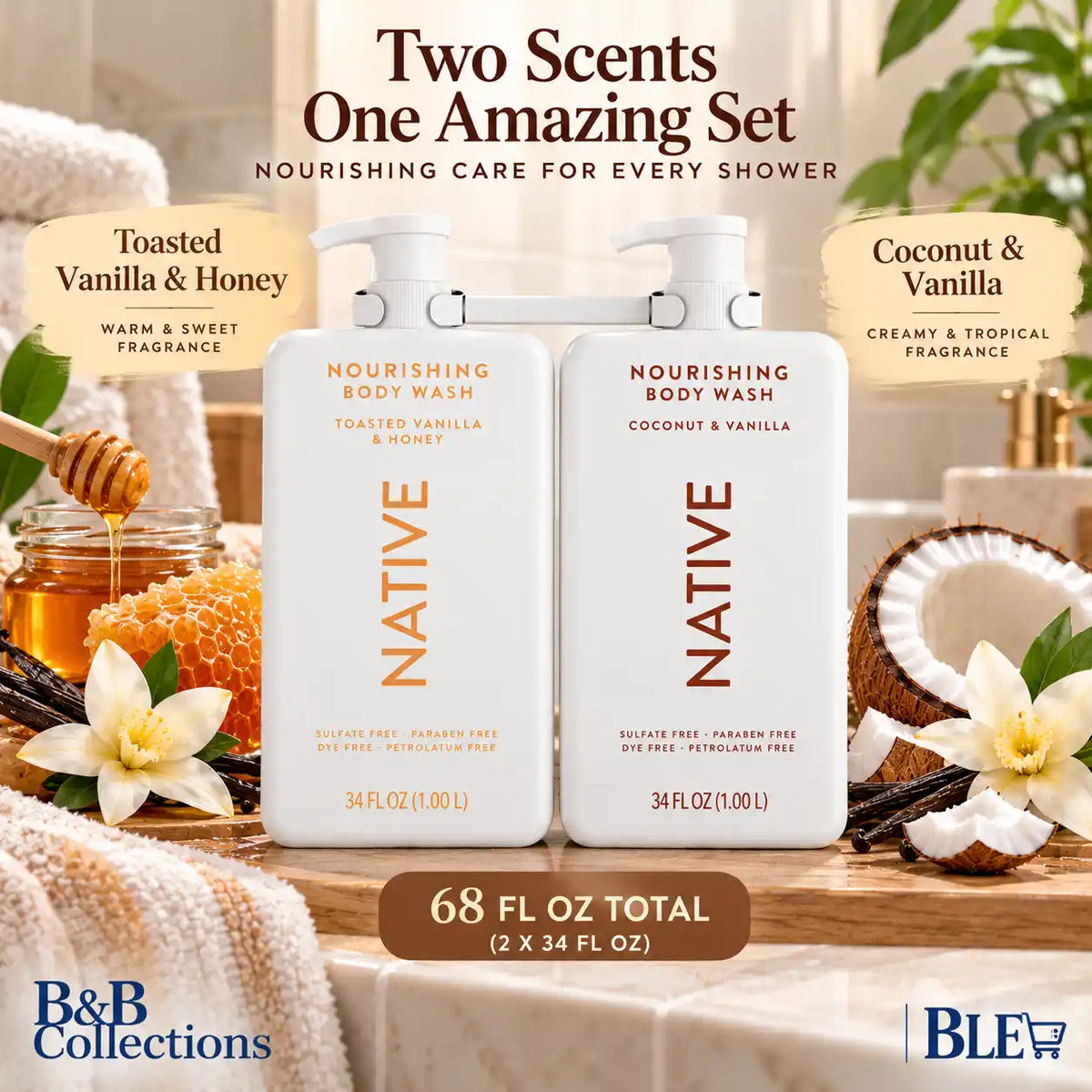 Native Nourishing Body Wash Variety 2-Pack, Toasted Vanilla & Honey + Coconut & Vanilla, Sulfate-Free, Paraben-Free, 34 fl oz Each, 68 fl oz Total