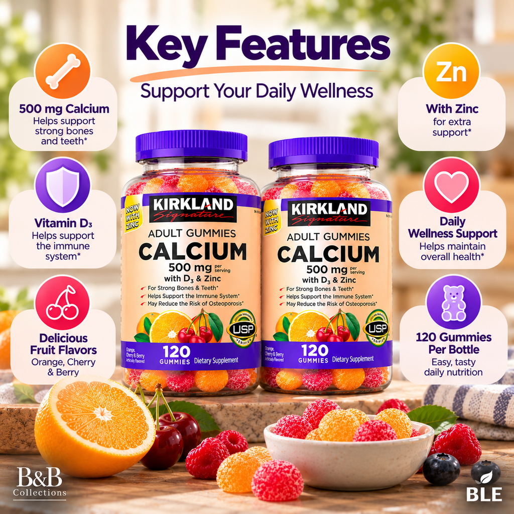 Kirkland Signature Calcium 500 mg with Vitamin D3 & Zinc, Adult Gummies, Bone & Teeth Support, 120 Gummies per Bottle, 2-Pack (240 Count)