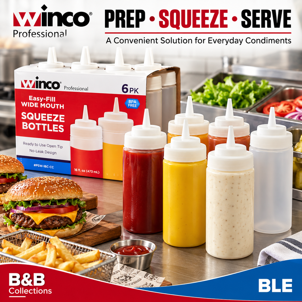 Winco Professional Easy-Fill Wide Mouth Squeeze Bottles, 16 fl oz Each, BPA-Free, No-Leak Design, Open Tip Condiment Dispensers, 6 Pack