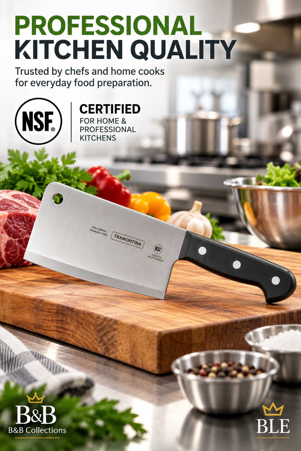 Tramontina Pro Line 6-Inch Chef's Cleaver, High-Carbon Stainless Steel Blade, Black Polycarbonate Handle, NSF Certified, Professional Kitchen Meat Cleaver